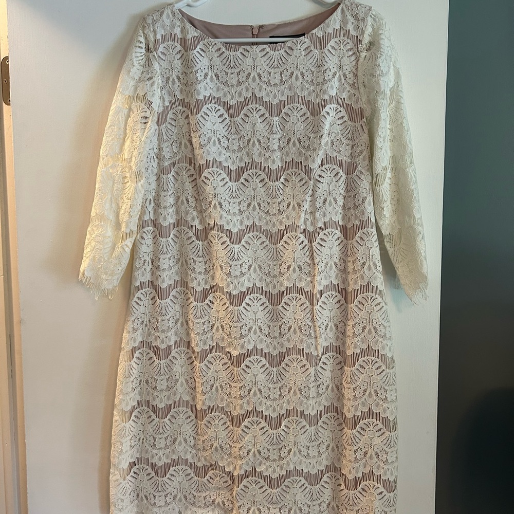 Jessica Howard Cream Sheath Dress with Bateau Neckline and Bishop Sleeves